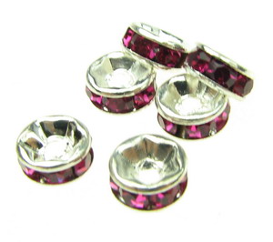 шайба метал с розови тъмни кристали 6x3 мм дупка 1 мм (качество А) цвят бял -10 броя