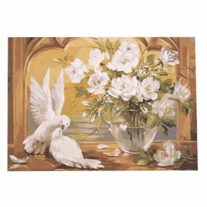 Картина за рисуване по номера 40x50 см - Гълъби в белите рози 