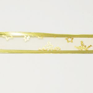 лента органза 25 мм с алуминиев кант златна с щампа -1 метър