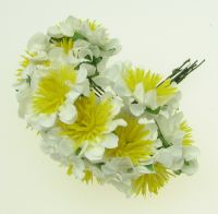 цвете букет хартия и тел 35 мм бяло с жълто -12 броя