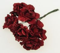 роза букет хартия и тел 35 мм червена брокат -6 броя